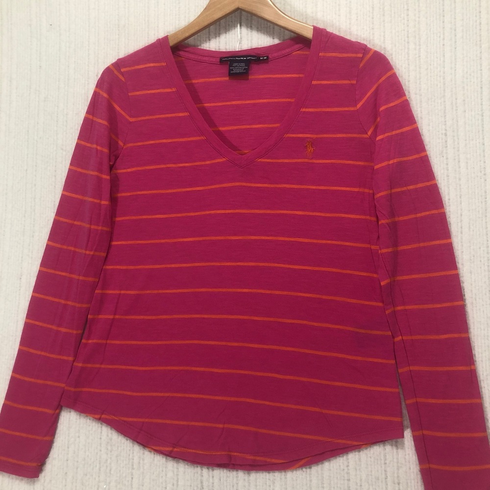 Ralph Lauren Sport Striped Long Sleeve V Neck Top Tee Shirt Women's Size Medium